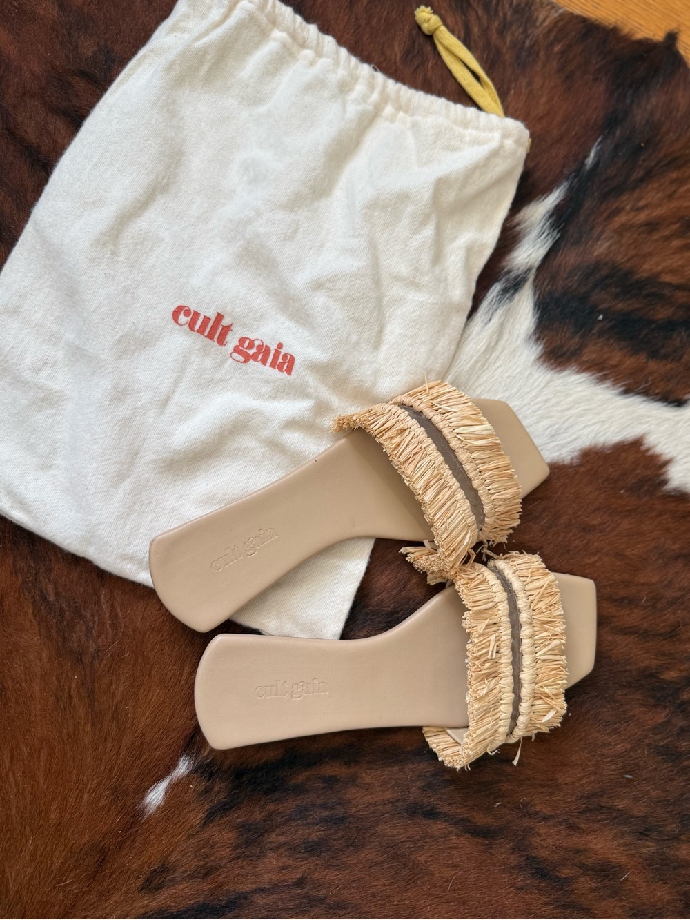 Cult Gaia Natural Raffia Fringe Slide Sandals